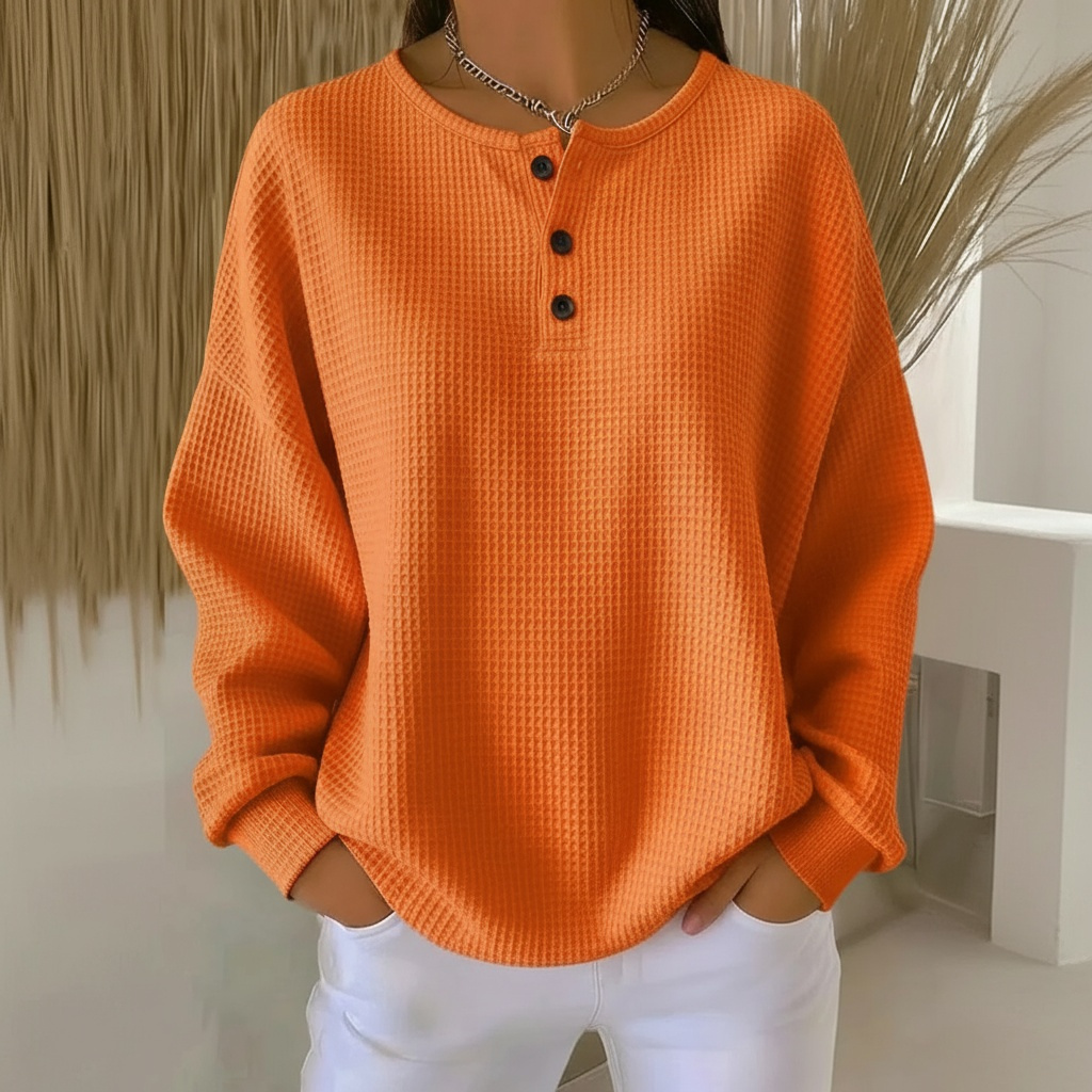 Comfortable women's waffle knit sweater, a versatile cozy top for fall & winter, perfect for everyday casual style.