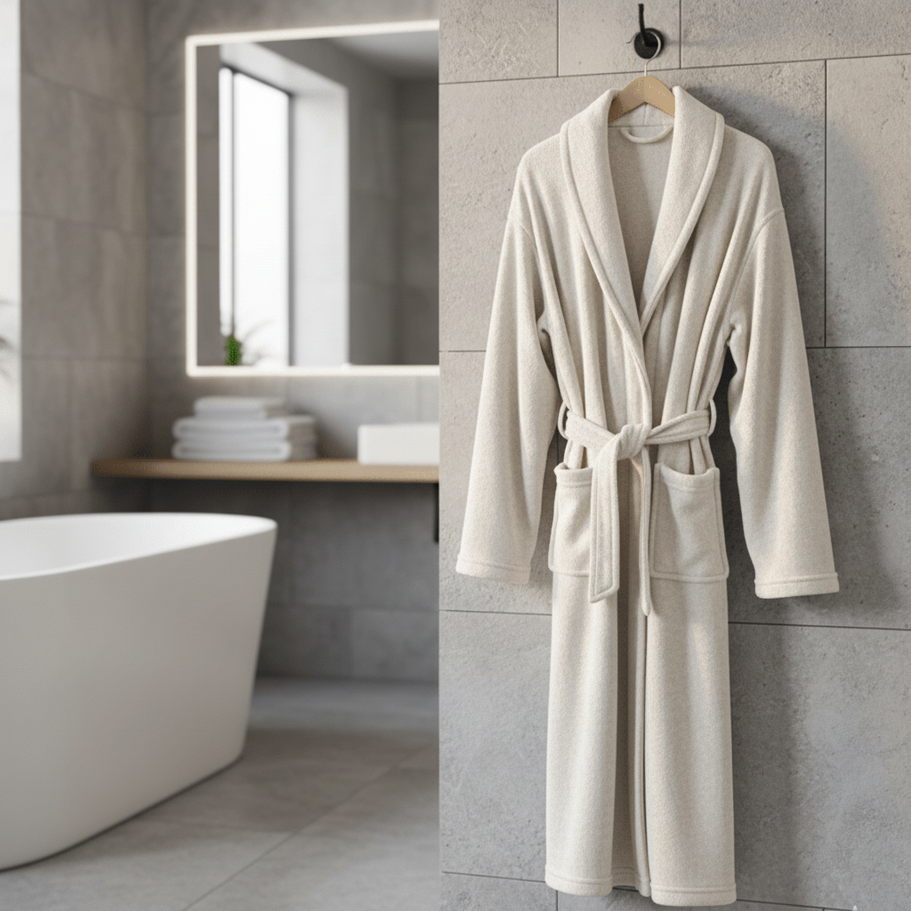 Women's cozy winter bathrobe, long, plush, with belt and pockets, for ultimate home comfort.