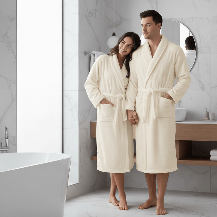 Soft women's plush winter bathrobe, ideal for spa relaxation and cozy loungewear at home.