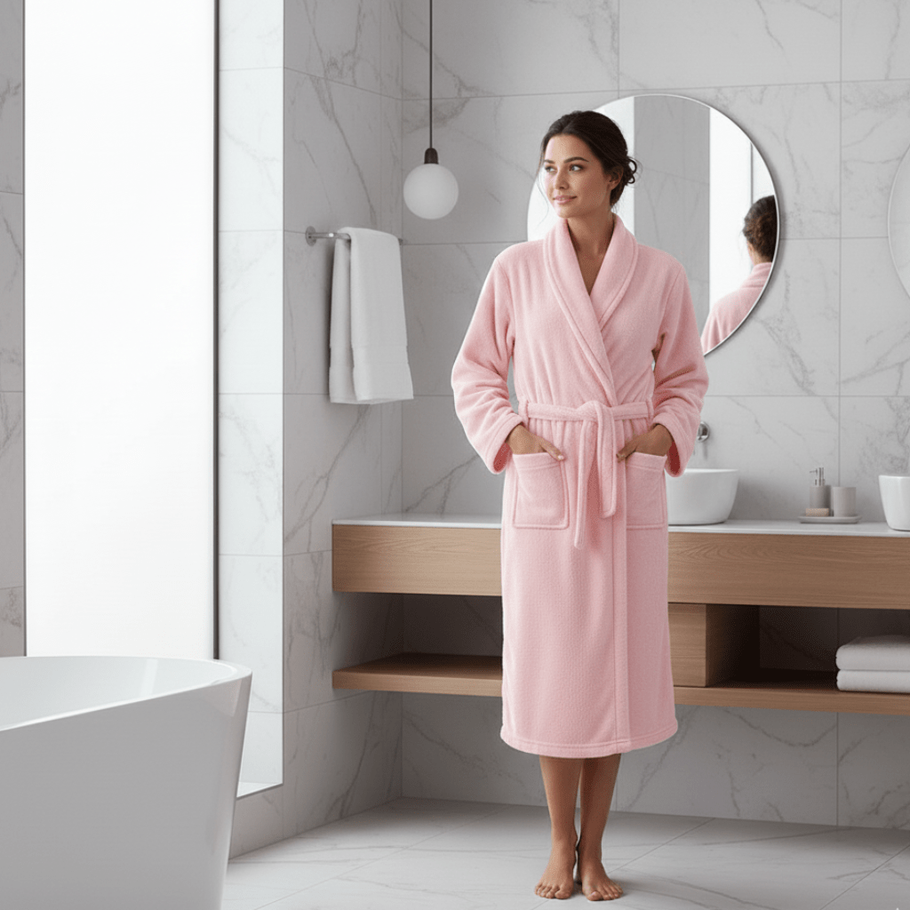 Warm women's cozy winter bathrobe, perfect for home comfort and relaxation on cold days.
