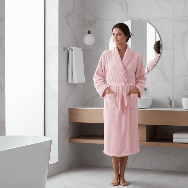 Warm women's cozy winter bathrobe, perfect for home comfort and relaxation on cold days.