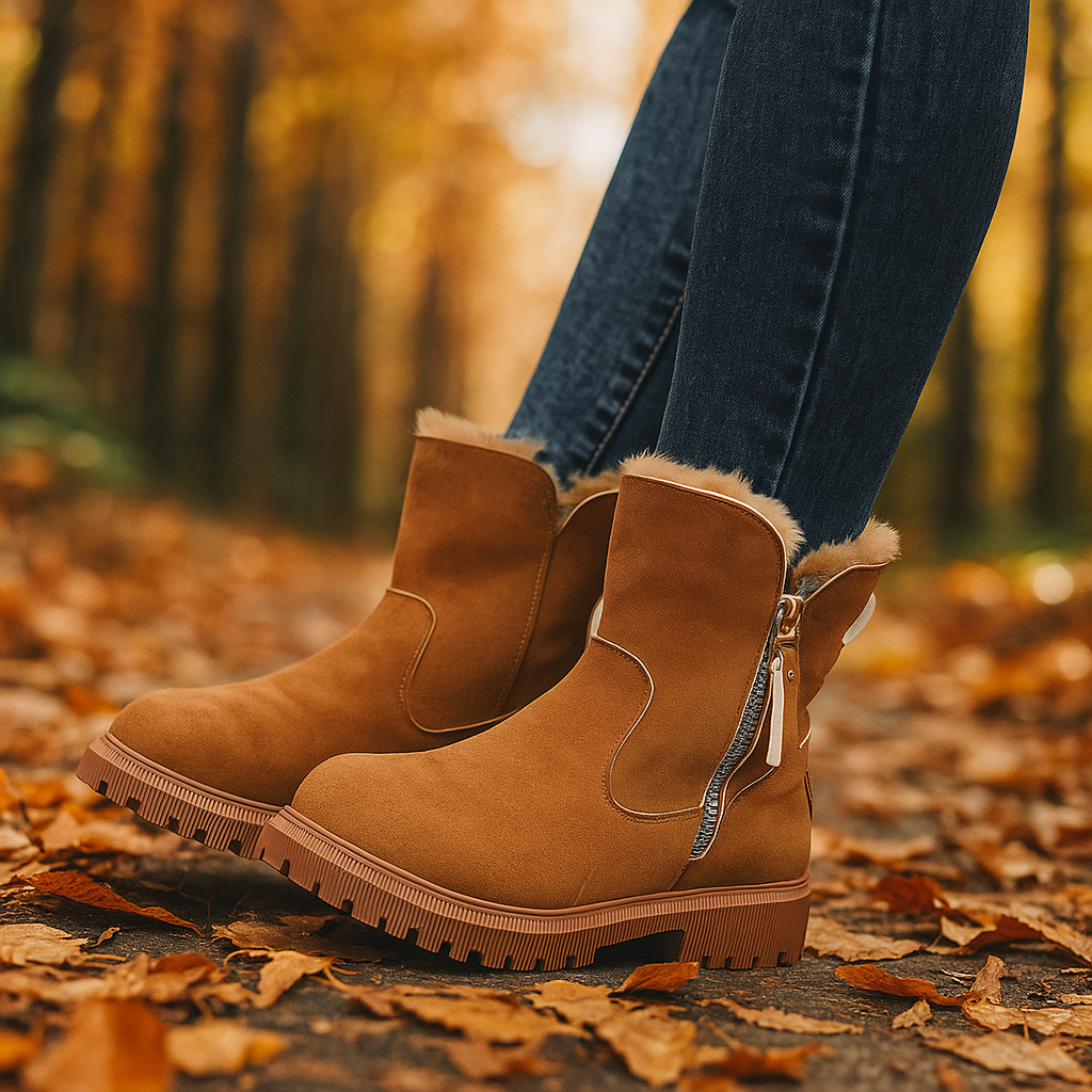 Fashionable women's winter boots, designed for warmth and comfort, with an elegant zipper detail.