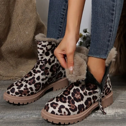 Front view of women's cozy winter boots, highlighting the sturdy construction and decorative zipper.