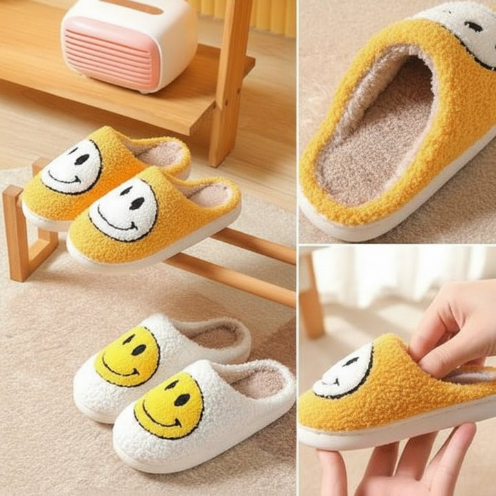 Comfortable women's indoor shoes with a charming smiley face and a thick, soft sole for winter warmth.