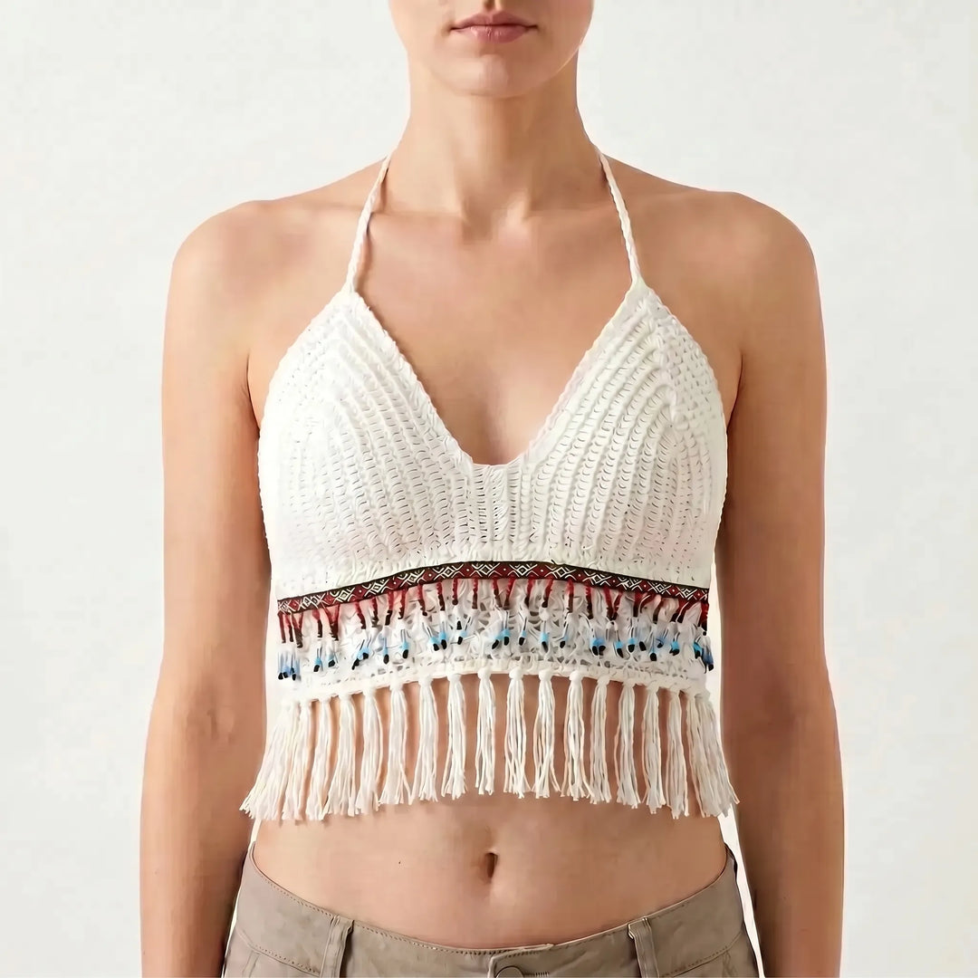 Adjustable women's sleeveless crochet halter crop top, offering comfort and style for summer and beach days.