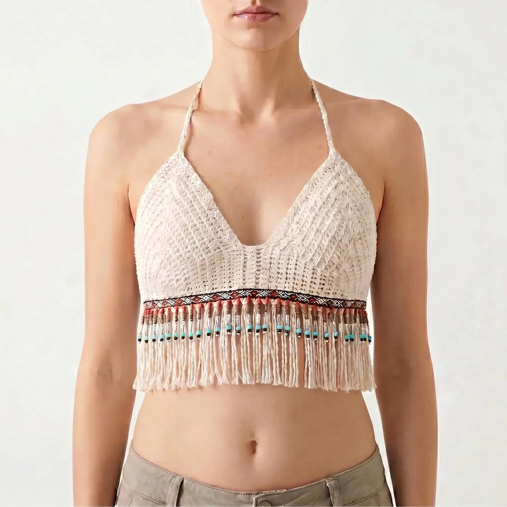 Versatile women's crochet halter crop top, perfect for summer, beach, festivals, and bohemian fashion.