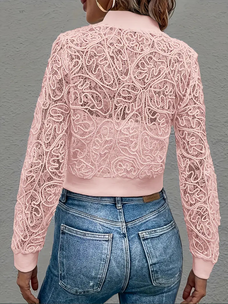 Stylish women's cropped jacket, intricate lace and bomber style.