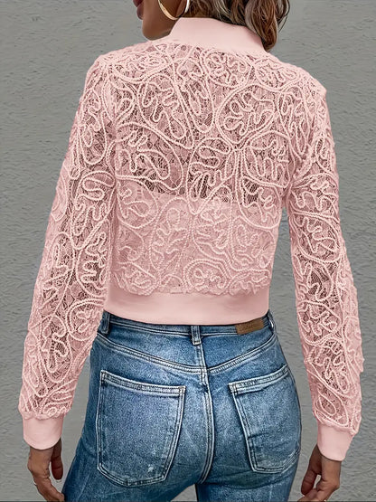 Stylish women's cropped jacket, intricate lace and bomber style.
