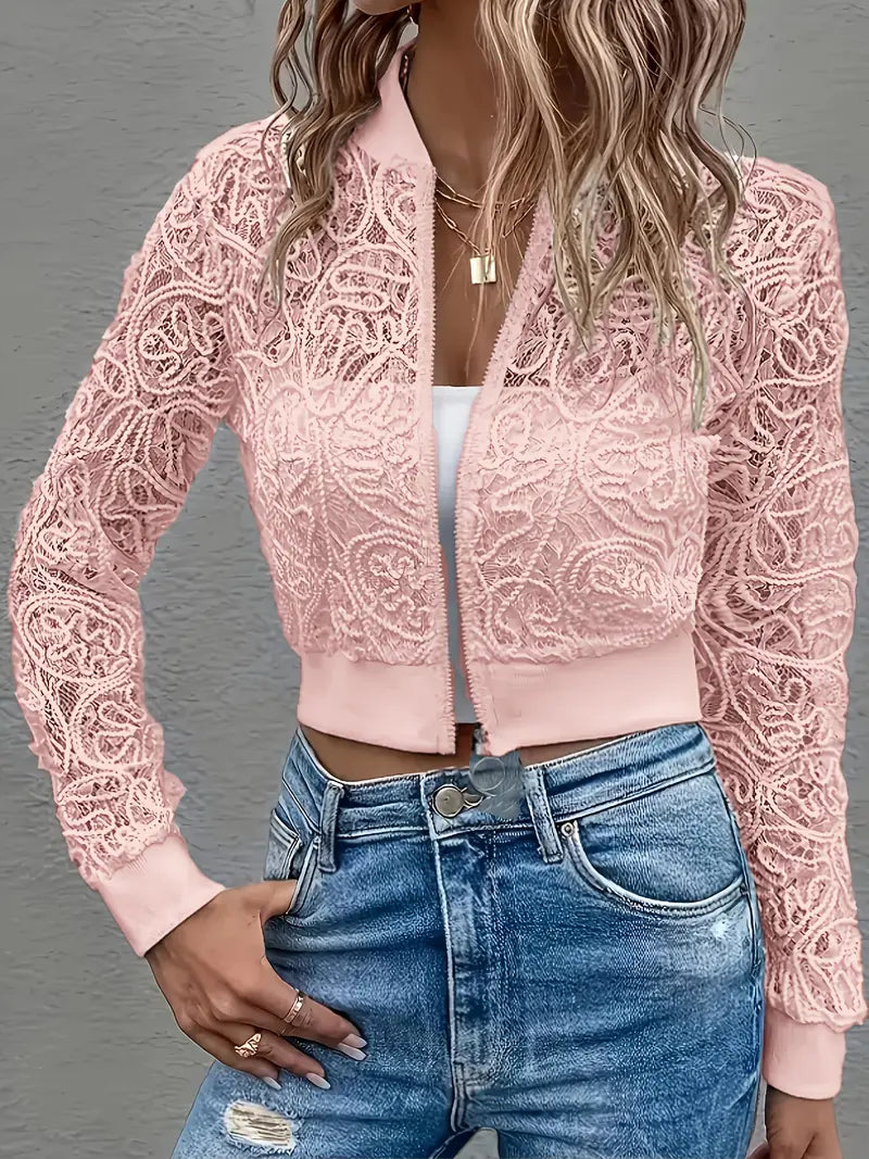 Lightweight mesh bomber for women, featuring a chic cropped lace design.