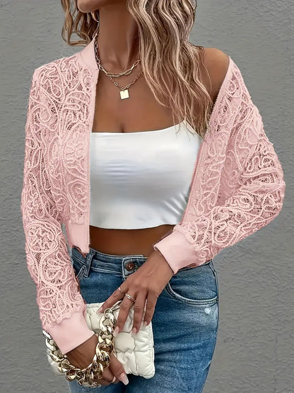 Elegant cropped lace bomber jacket, perfect feminine outerwear.