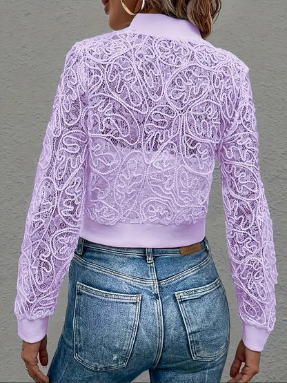 Cropped zip-up bomber jacket for women, with intricate lace panels.