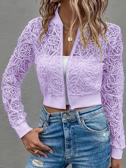 Stylish women's lace and mesh cropped bomber, lightweight fashion.