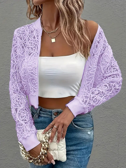 Feminine cropped bomber jacket, delicate lace accents and zip closure.