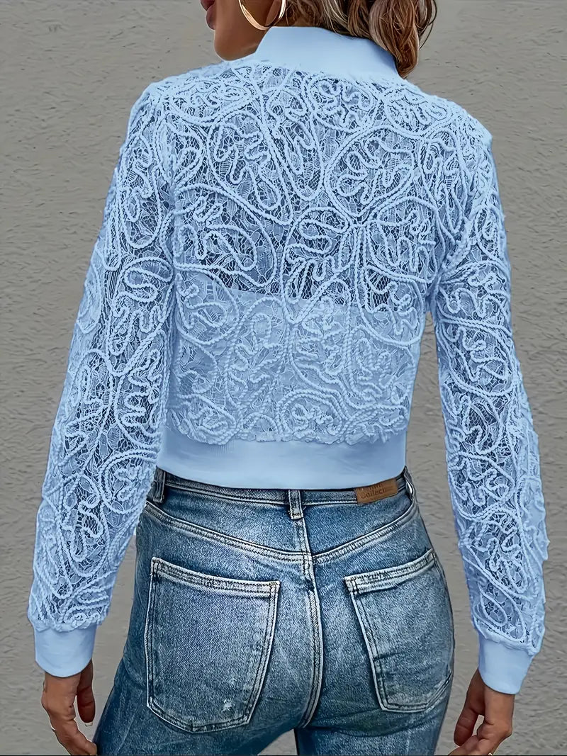 Lightweight women's cropped jacket, elegant lace bomber design.