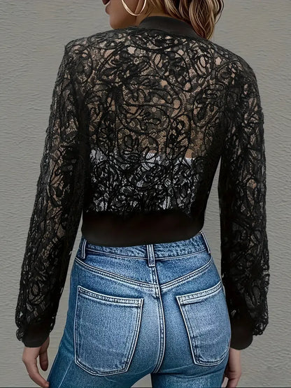 Delicate lace cropped bomber for women, fashionable mesh outerwear.