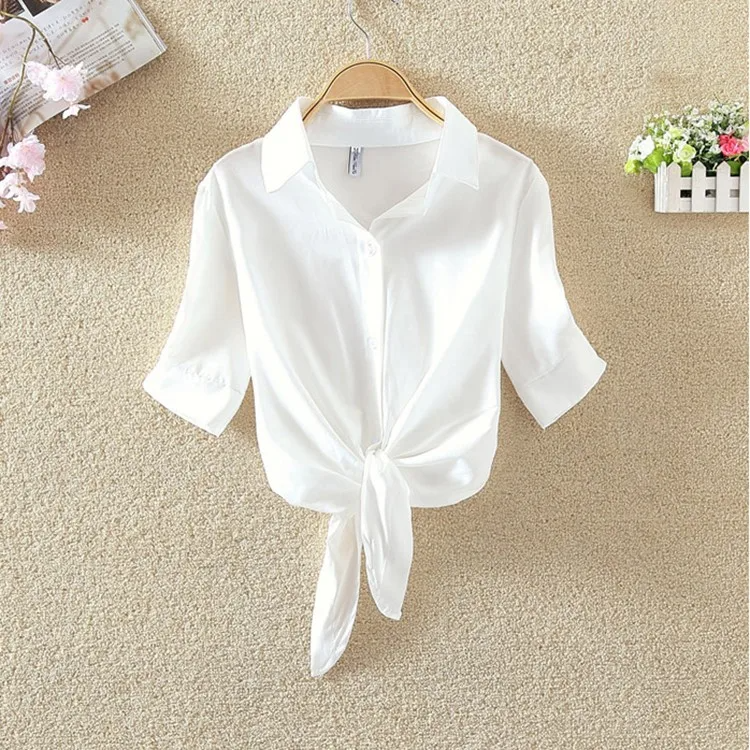 Striped women's cropped tie-front blouse, a fashionable short sleeve top for summer outfits.