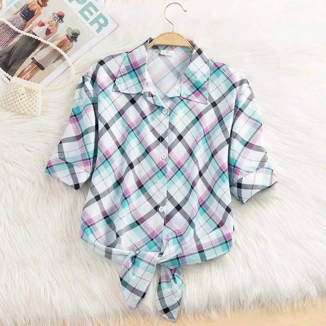 Versatile women's short sleeve cropped tie-front blouse, perfect for summer casual or dressy looks.