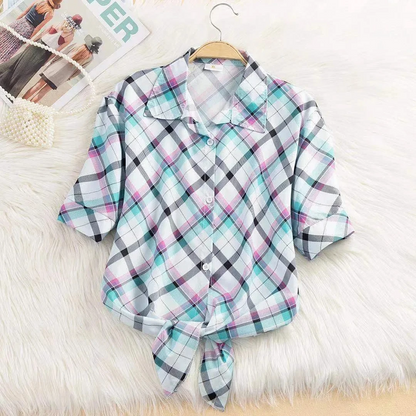 Versatile women's short sleeve cropped tie-front blouse, perfect for summer casual or dressy looks.