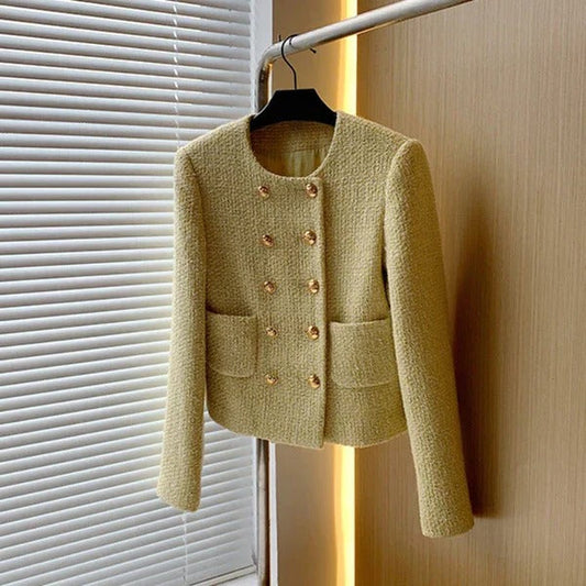 Women's cropped tweed blazer jacket, perfect for chic everyday wear. Modern style & elegant outerwear.