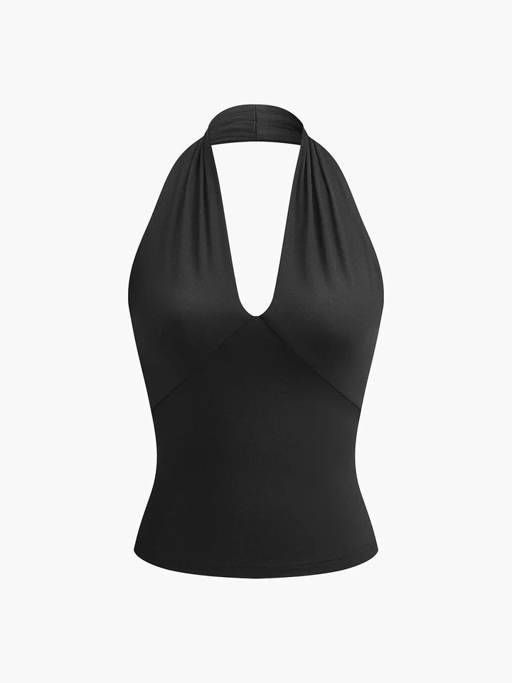 Casual women's slim fit halter top with a chic crossover V-neck. Versatile sleeveless design for everyday wear.