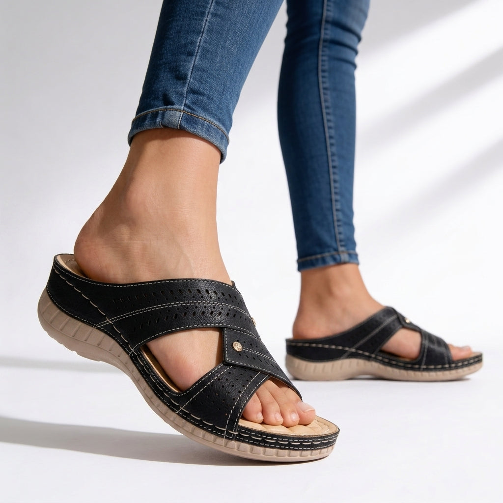 Casual women's slip-on crossover wedge sandals featuring a peep toe design, ideal for comfortable walking & summer.