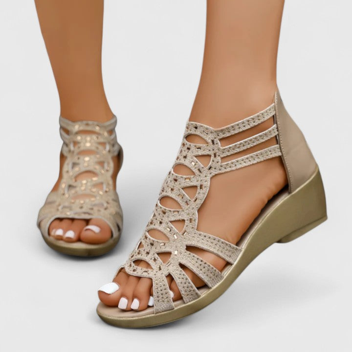 Elegant women's crystal gladiator wedge sandals, great for evening wear and summer events.