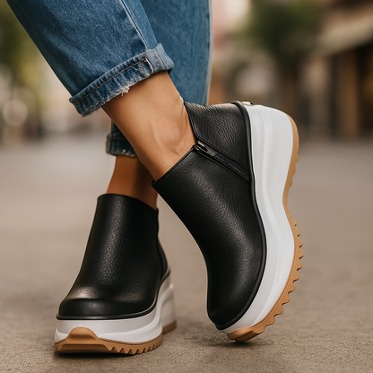 Stylish women's platform boots, textured faux leather with side zipper, great for fall fashion.