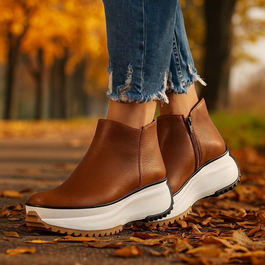Textured faux leather women's platform boots, chic and cushioned for stylish all-day comfort.