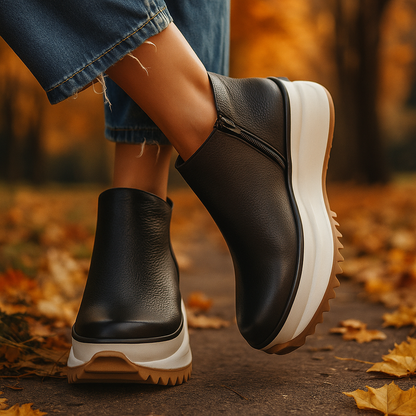 Women's platform boots with side zipper, cushioned and supportive for everyday fall fashion.