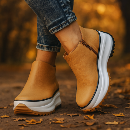 All-day comfort in women's cushioned platform boots, featuring stylish design & orthopedic support.