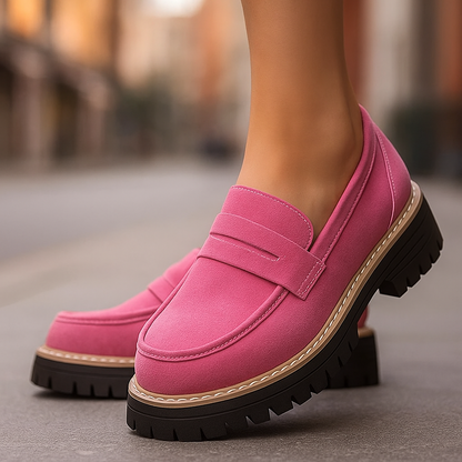 Slip-on women's platform loafers with orthopedic insole, cushioned support & shock absorption.