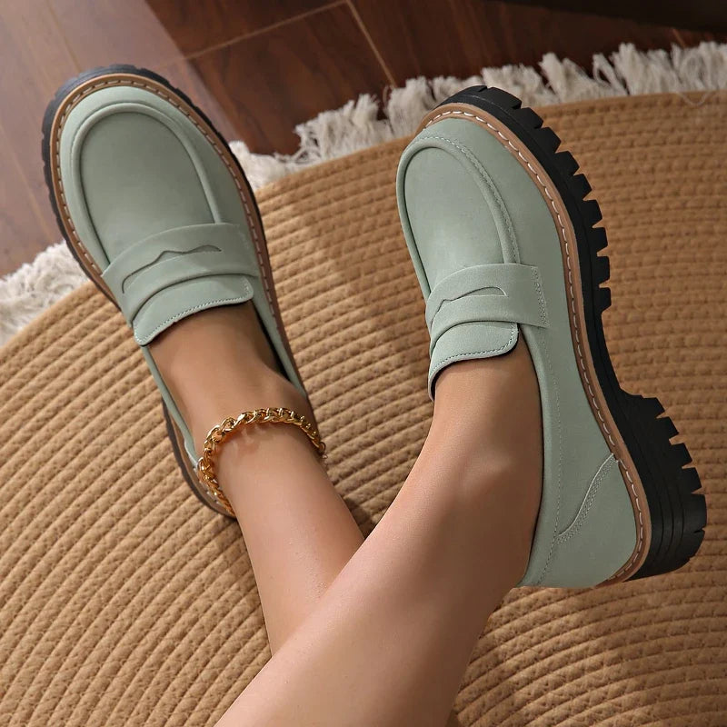 Cushioned platform loafers for women, shock absorbing, orthopedic insole, comfortable slip-on design.