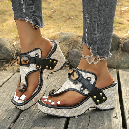 Women's studded platform footwear, comfortable and easy slip-on style for everyday wear.