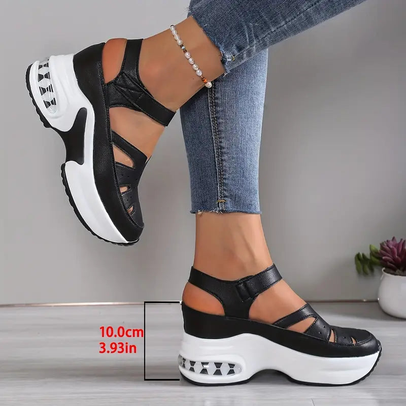 Elegant women's cushioned wedge sandals with breathable cutout design, perfect for summer comfort.