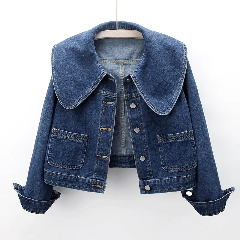 Women's dark blue cropped denim jacket with an oversized collar, perfect for stylish casual fashion & versatile layering.