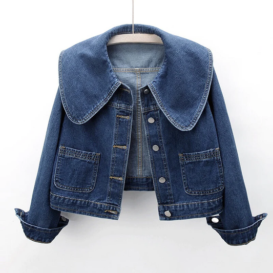 Women's dark blue cropped denim jacket with an oversized collar, perfect for stylish casual fashion & versatile layering.