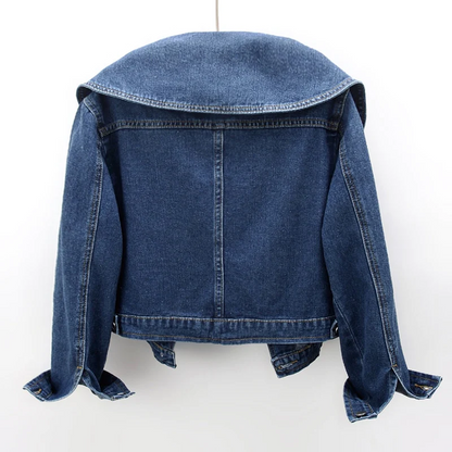 Light blue women's cropped denim jacket, a new arrival with an oversized collar, ideal for versatile casual wear.