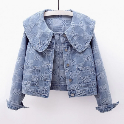 Stylish women's cropped denim jacket, a versatile layering piece for casual fashion. Available in dark & light blue.