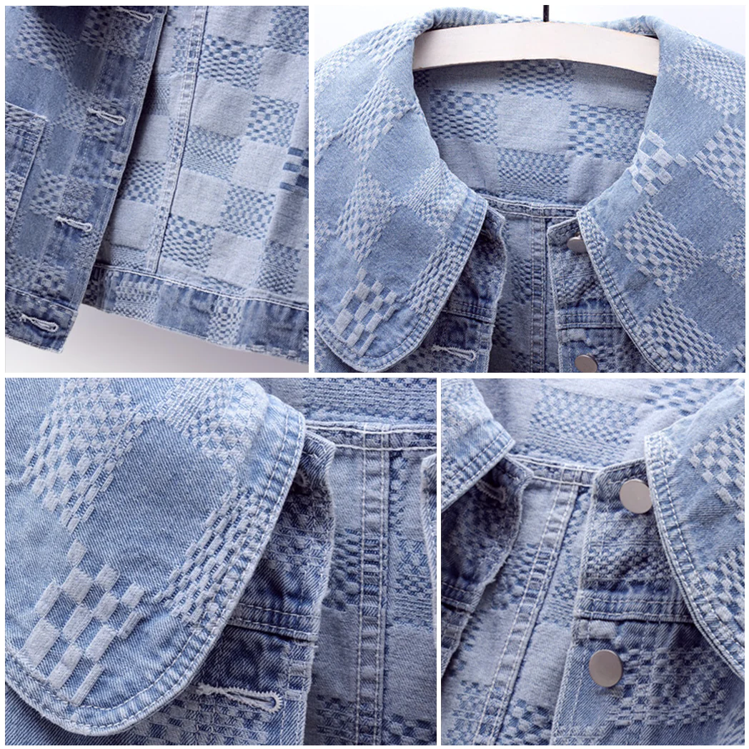 Versatile women's cropped denim jacket with an oversized collar, perfect for stylish layering in light blue.