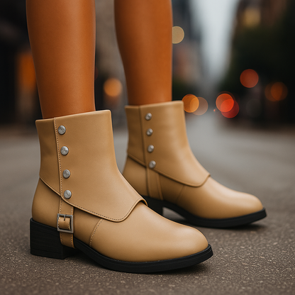 Light khaki women's ankle boots, featuring orthopedic support, low heel, & shock absorption.