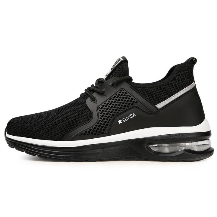 Women's dark gray orthopedic safety sneakers with steel toe, slip-resistant sole, and ergonomic comfort for work.