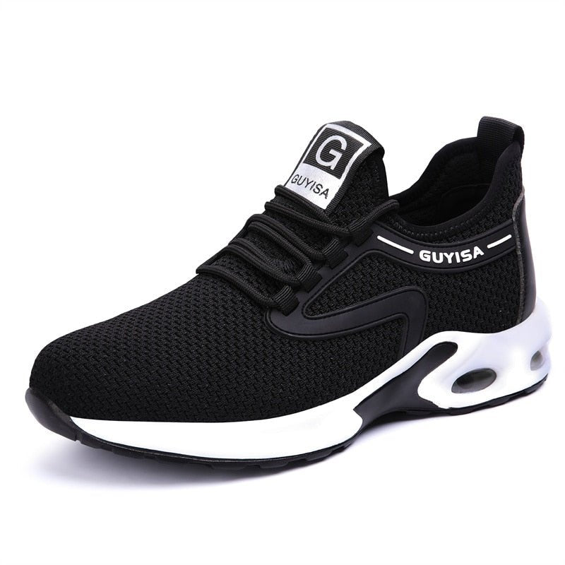 Front angle of women's durable black safety sneakers, ideal for industrial work, with protective and ergonomic features.