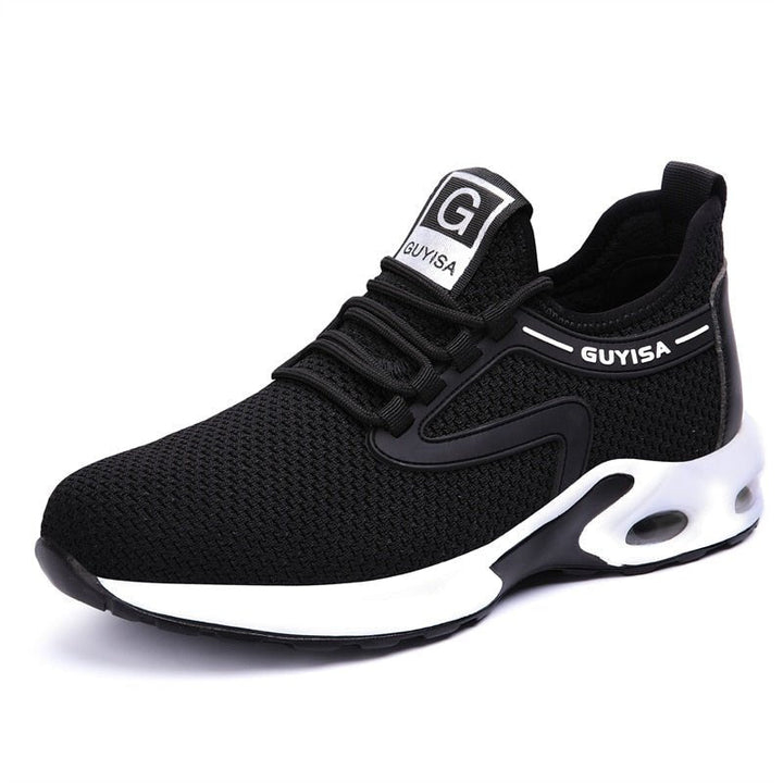 Front angle of women's durable black safety sneakers, ideal for industrial work, with protective and ergonomic features.