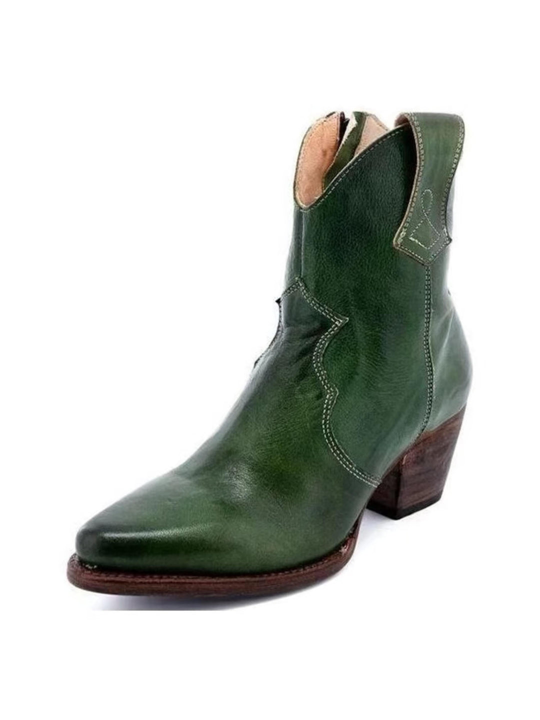 Women's dark green snip toe side zip ankle cowgirl boots. Perfect western style footwear for country fashion.
