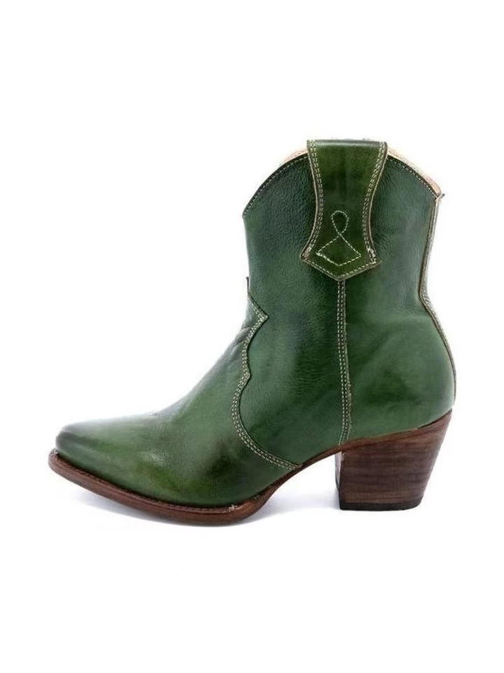 Stylish women's dark green snip toe ankle boots with side zip & block heel. Ideal for western & country fashion.
