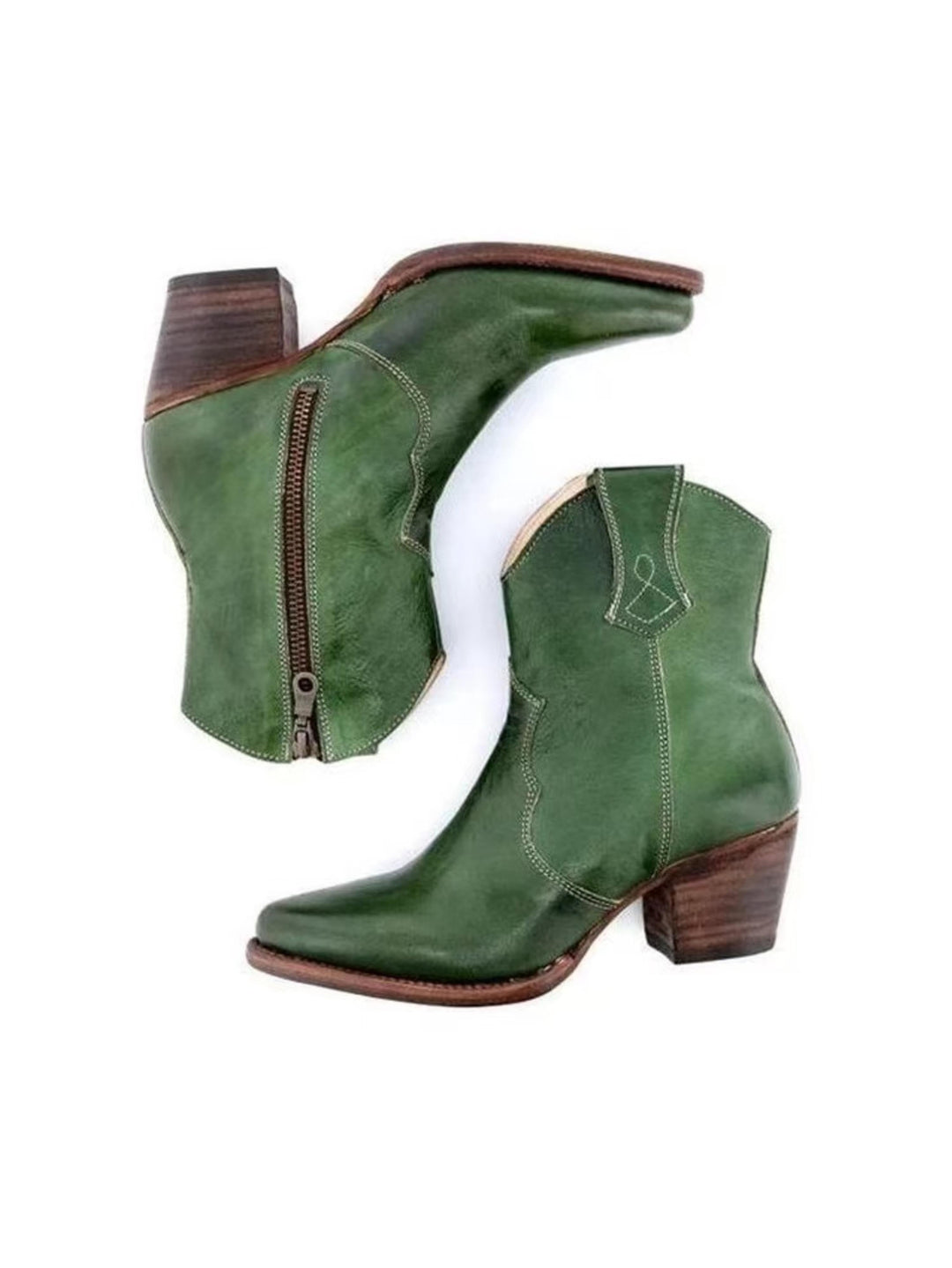 Dark green women's snip toe ankle cowgirl boots featuring a side zip closure. Versatile western wear for any day.