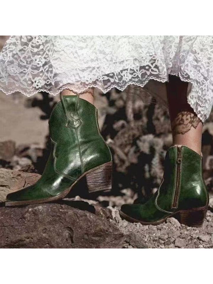 Women's dark green western ankle boots with snip toe & practical side zip. Classic cowgirl style for everyday.