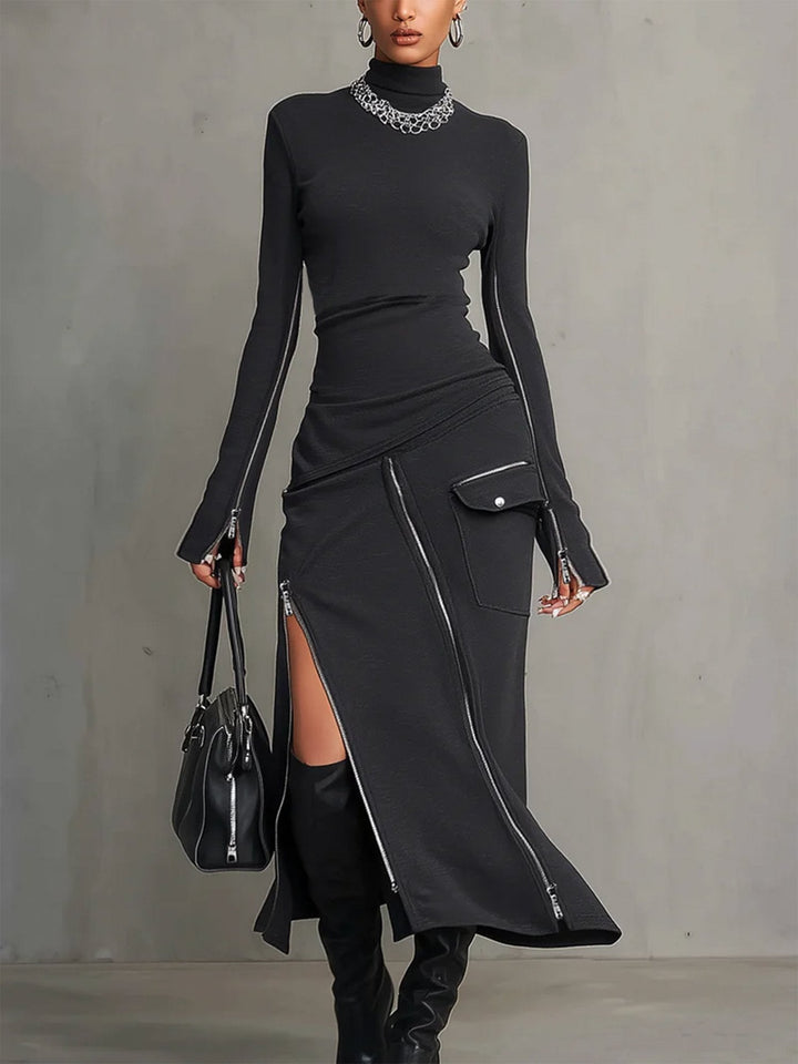 Women's dark grey turtleneck two-piece skirt set with fitted top & midi skirt, perfect for casual chic style.