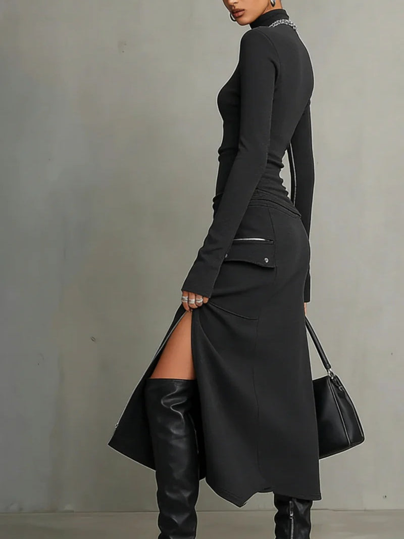 Stylish dark grey women's two-piece skirt set featuring a turtleneck top and asymmetric midi skirt with zipper pocket.