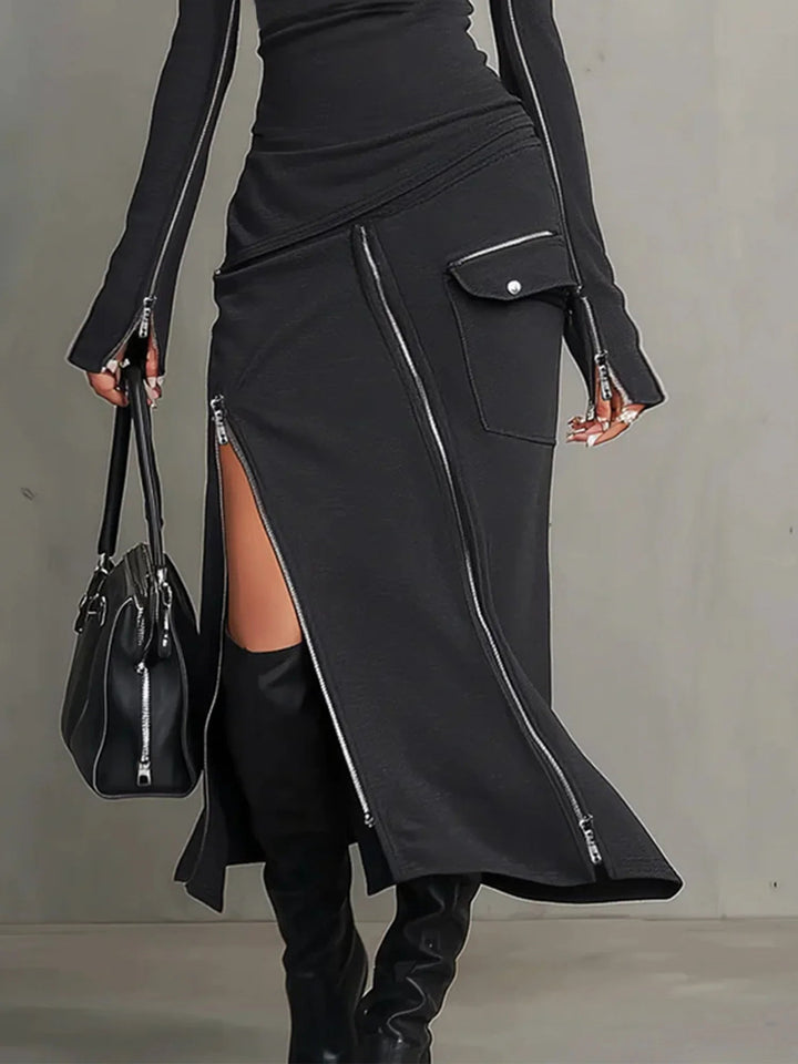Elegant women's dark grey turtleneck two-piece midi skirt set, offering a fitted silhouette and comfortable style.